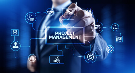 Fototapeta premium Project management business corporate technology. Businessman pressing button on screen.