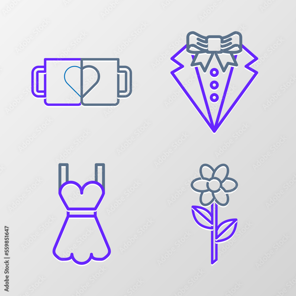 Wall mural Set line Flower, Woman dress, Suit and Two coffee cup and heart icon. Vector