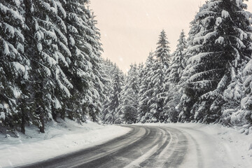 Narrow winding mountain road surrounded by fir forest during snowfall, scenic winter landscape, natural outdoor travel background
