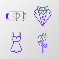 Set line Flower, Woman dress, Suit and Two coffee cup and heart icon. Vector