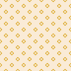 Simple elegant floral pattern. Vector minimalist seamless texture with small flower shapes. Abstract minimal geometric background. Yellow and beige color. Gold repeat design for print, decor, package
