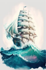Watercolor painting of a ship in the sea with crashing waves, AI assisted finalized in Photoshop by me  - obrazy, fototapety, plakaty