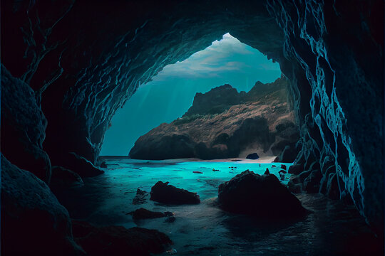 Cave in the ocean with blue light, perfect for backgrounds, generative ia