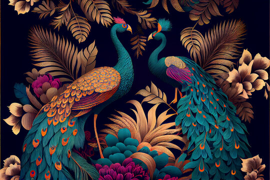 Exotic oriental pattern with peacocks and flowers in bright colors, generative AI