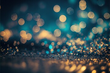 Gold and silver magic elegant glitter light glowing background, blue and dark backgound