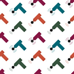 Seamless pattern with massage guns in different colors on white background. Percussion massager vector flat illustration © Alina