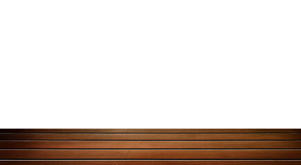 wooden old table in foreground view isolated on white background for your product placement or montage with focus to the table top. empty wood brown shelf with clipping path.