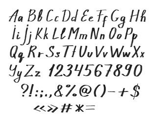 Set of letters.Hand drawn alphabet. English font and number.Sign from marker pen or brush.