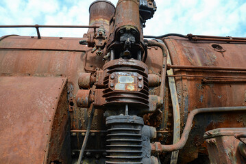 Old classic locomotive industrial equipment train details closeup