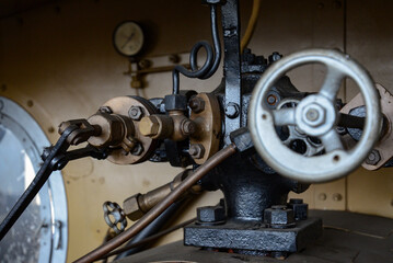 Old classic locomotive industrial equipment train details closeup