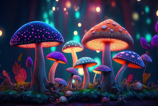 fantasy raster image of giant, fantastical mushrooms growing in an enchanted woodland. Generative AI