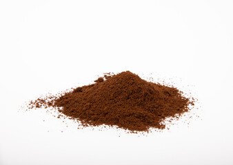 Freshly ground coffee isolated on white background. Energy drink.