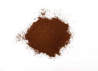 Freshly ground coffee isolated on white background. Energy drink.