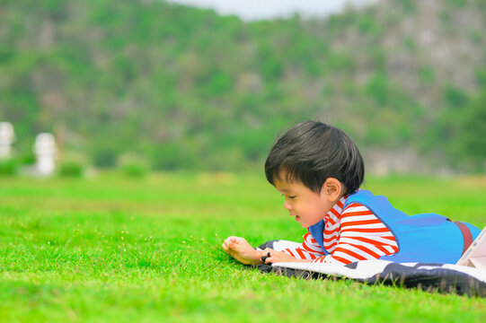 Asian Kid Boy Enjoying Laying Down On Picnic Blanket In Park,using Tablet ,sunny Green Park Outdoors. Active Weekend Leisure Recreation