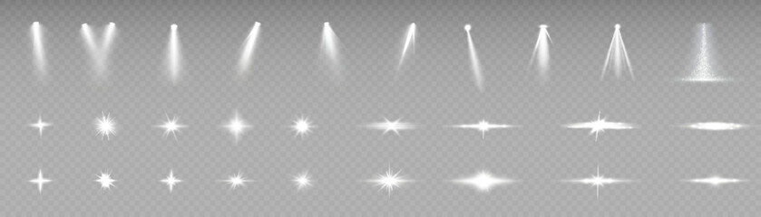 Set of spotlights and lighting effects isolated on transparent background. Solar glow with rays and glare. For web design and illustrations.