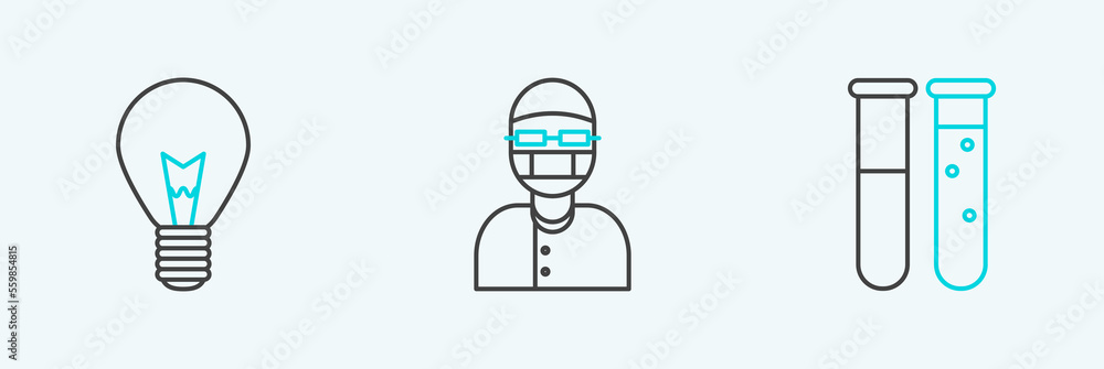 Poster set line test tube and flask chemical laboratory, light bulb with concept of idea and assistant icon
