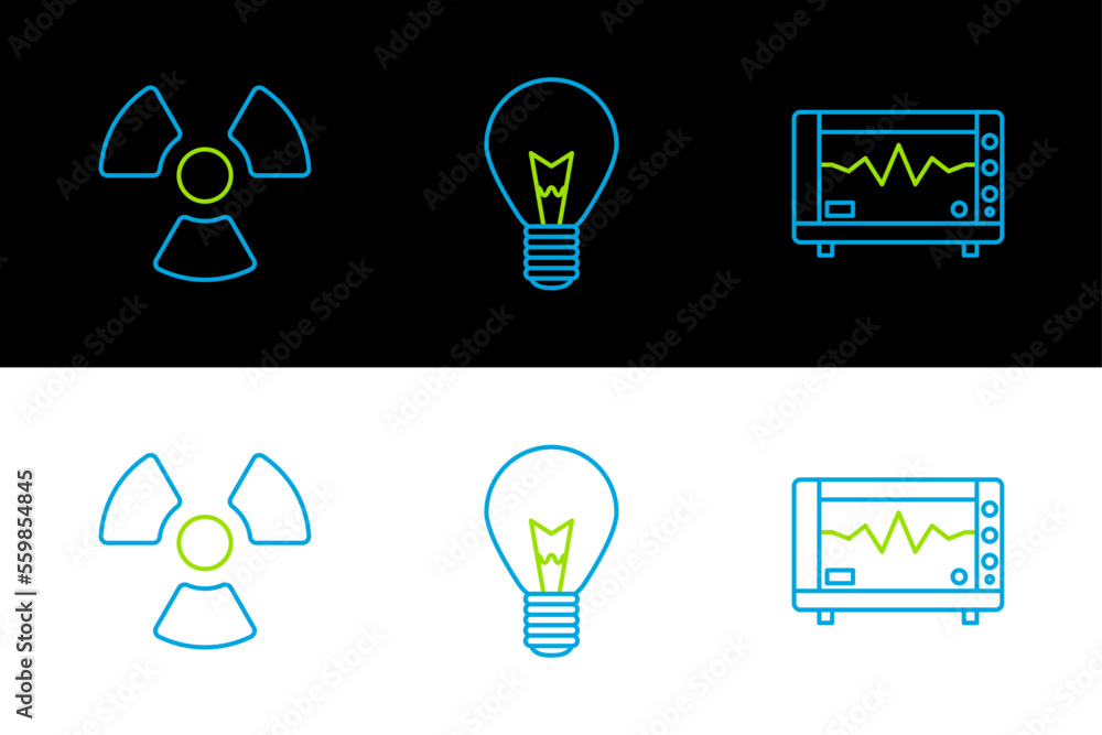 Aufkleber set line computer monitor with cardiogram, radioactive and light bulb concept of idea icon. vector