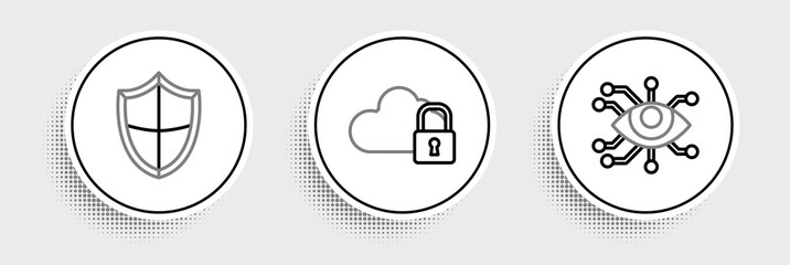 Set line Eye scan, Shield and Cloud computing lock icon. Vector