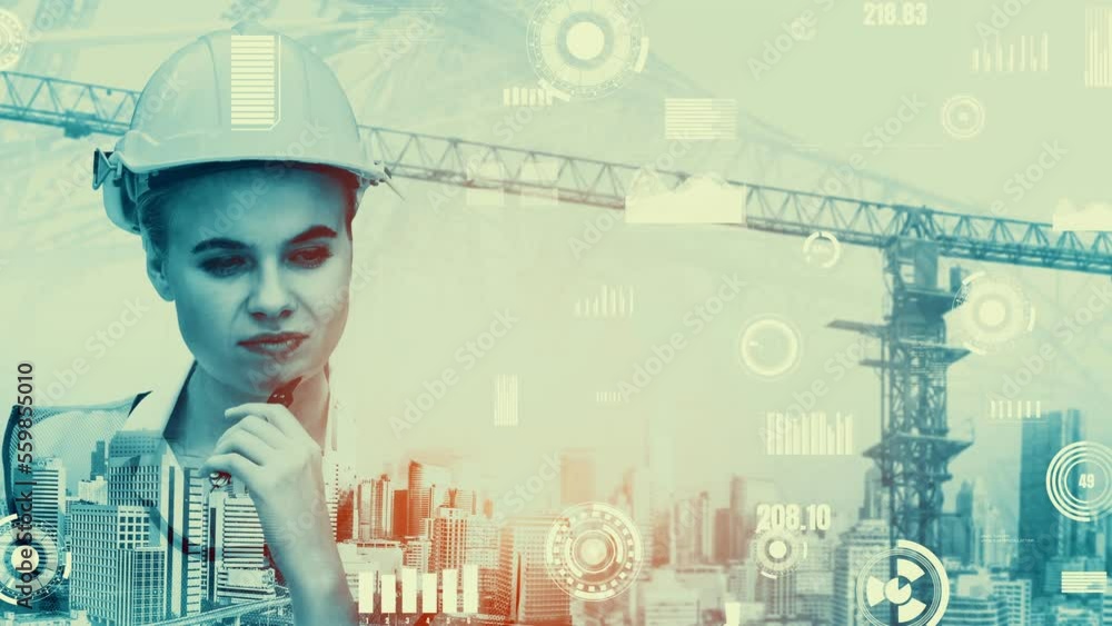 Poster Future building construction and inventive engineering project concept with HUD hologram graphic design. Building engineer, architect people or construction worker works with modern civil technology.