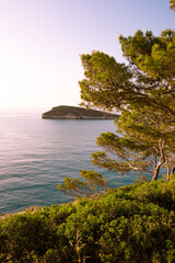 View to little island Campi seen from coastal road from Vieste to Mattinata at Gargano National...
