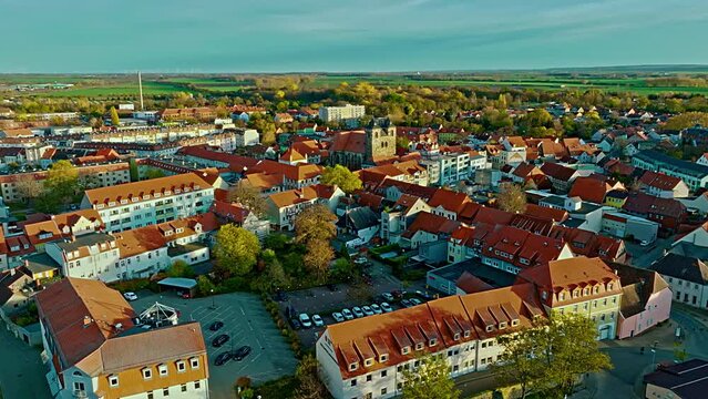 Flying above residential area . Oschersleben is a town in the Börde district, in Saxony-Anhalt, Germany.