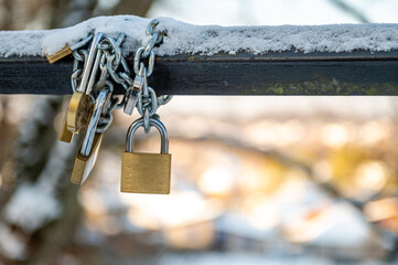 Traditional locks of lovers on the bridge. Symbol of love and fidelity