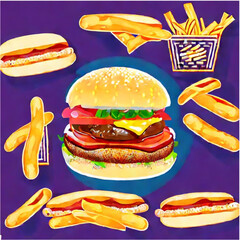 vector illustration cheeseburger and hotdogs with french fries with pastell background