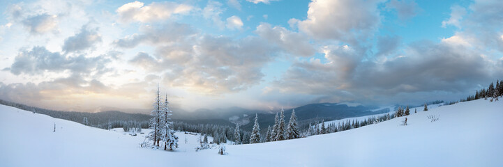 Evening twilight winter calm mountain panorama with sheds group and mount ridge behind (Carpathian Mountains, Ukraine).