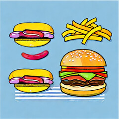 vector illustration cheeseburger and hotdogs with french fries with pastell background