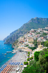 view of Positano town at summer - old italian resort, Italy - obrazy, fototapety, plakaty