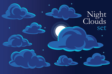 Night clouds in moon light set. Cartoon fluffy clouds and Full moon in vector.