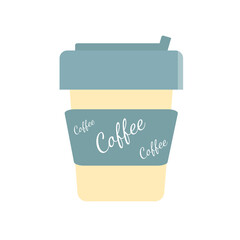 Single-use paper cup for milky yellow coffee with a mint lid and a label with the inscription Coffee. In vector isolated on white background