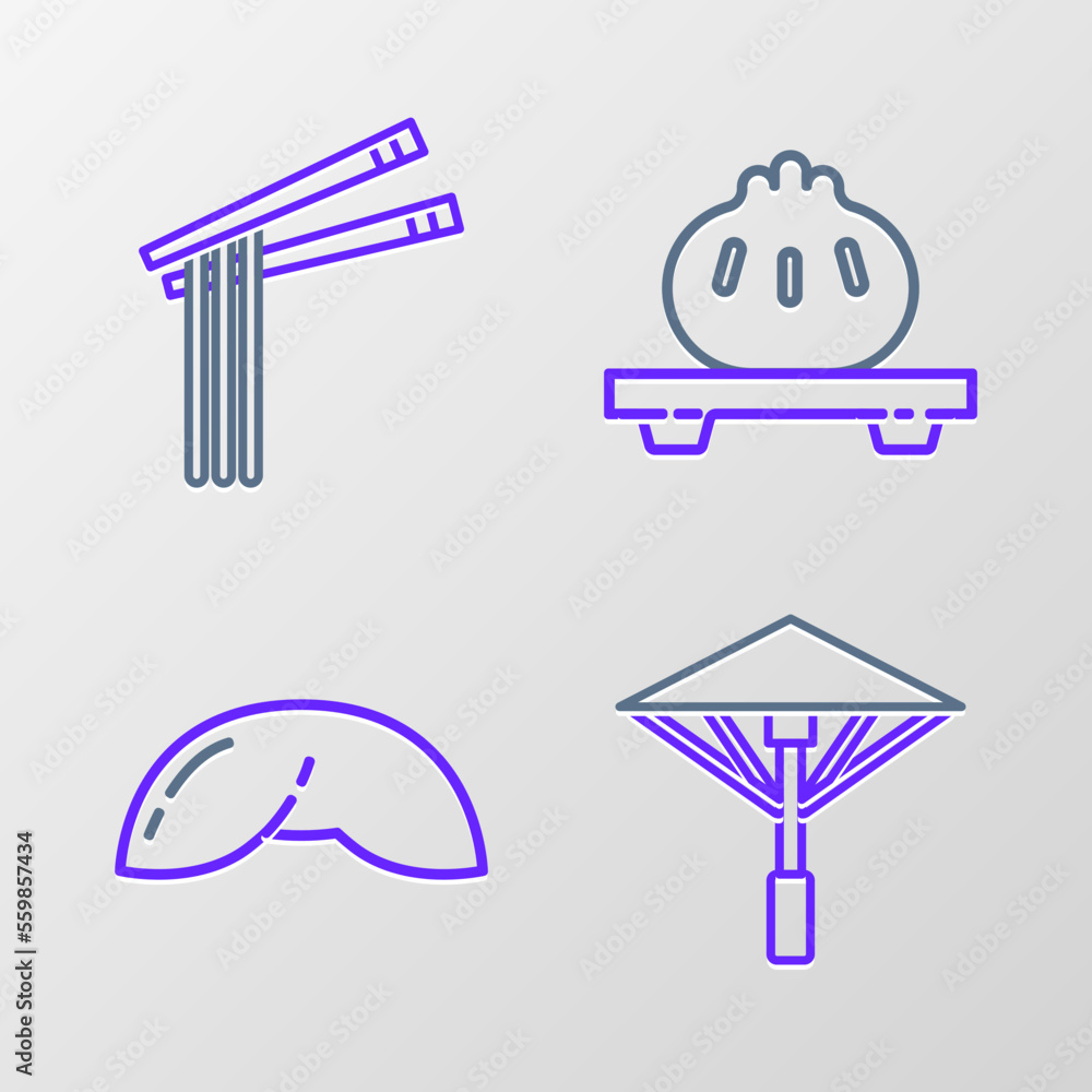 Sticker set line japanese umbrella from the sun, chinese fortune cookie, dumpling on cutting board and asian