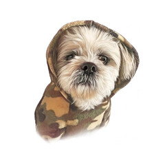 Yorkshire Terrier dog in the Hood isolated on white background. Lap dog. Cute puppy. Hand drawn illustration. Animal art collection: Pets. Good for print T-shirt, cover, card. Design template