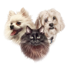 Illustration of two dogs and one cat isolated on white background.
Black cat, White Pomeranian Spitz and Maltese Dog Portrait.
Realistic Hand drawing of Pets. Animal art collection. 
Design template