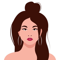 Portrait of elegant woman with magnificent hairstyle on white background. Close-up of beautiful face of girl with white skin. Vector trendy modern illustration.