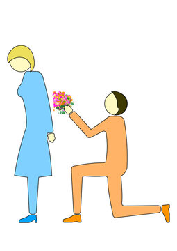 homme offrant un bouquet à une femme qui le refuse 
