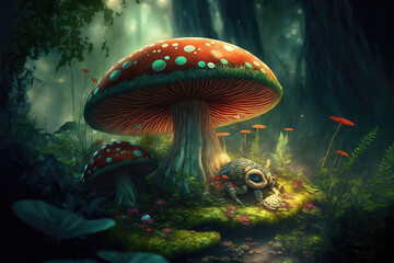 Fototapeta na wymiar Fantasy mushroom wallpaper in the forest. Generative AI