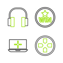 Set line Gamepad, Laptop, Medal and Headphones icon. Vector