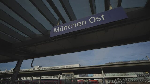 Munchen Ost or Ostbahnhof. Munich eastern railway station. Platfoms of railroad station Ost bahnhof. Munich East train station. Bahnhof Munchen Ost. Railroad and public transporation in Deutschland. 