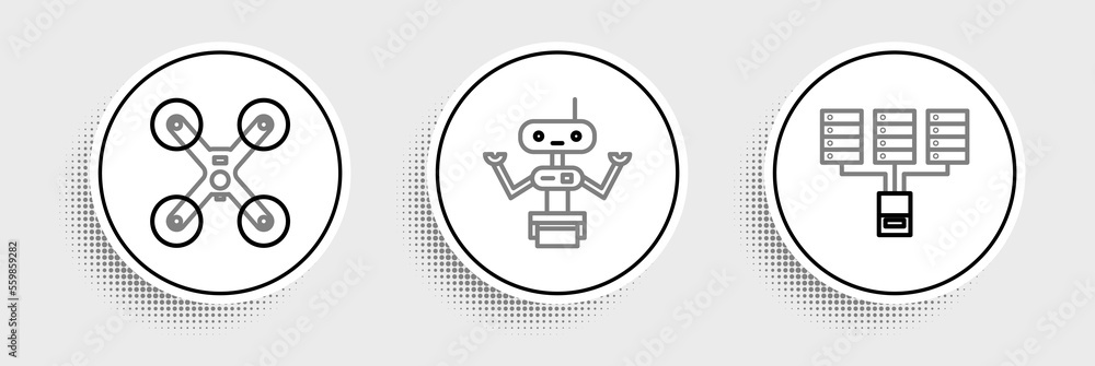 Aufkleber set line server, data, web hosting, drone flying and robot icon. vector