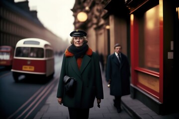 Candid vintage photograph of a female officer walking in 1969 London, generative ai - obrazy, fototapety, plakaty
