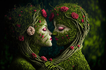 fantasy two lover made from roses grass moss plant on อanlentine's day,generative ai.