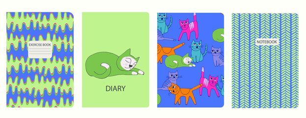 Set of cover page vector templates based on seamless patterns with cats. Perfect for school exercise books, notebooks, kids diaries