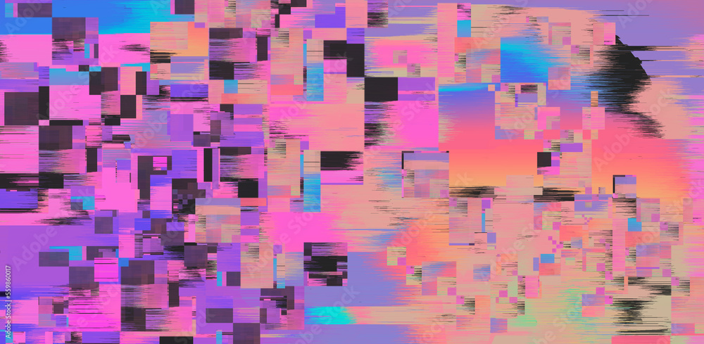Poster Abstract geometric background with pixel noise and VHS like distortion pattern in retrowave glitch art style.