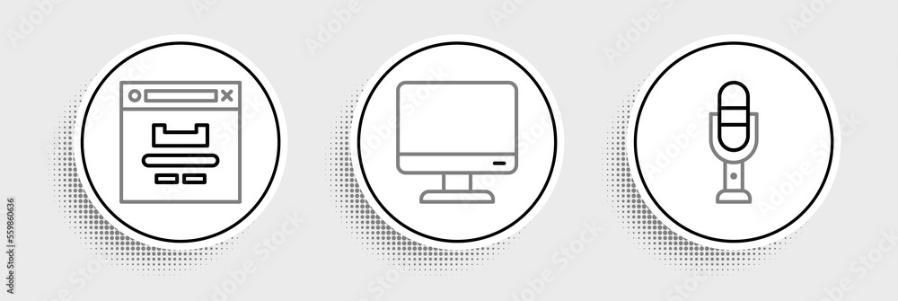 Poster set line microphone, browser window and computer monitor screen icon. vector