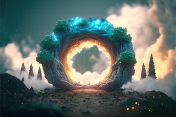 Fantasy magic portal. Portal in the elven forest to another world. Digital art. Illustration. Painting. Hyper-realistic. 3D illustration, ai
