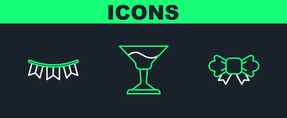 Set line Bow tie, Carnival garland with flags and Cocktail icon. Vector