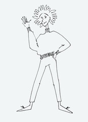 Figure of a young woman waving. line illustrations, Flat style, isolated vector element, hand lettering
