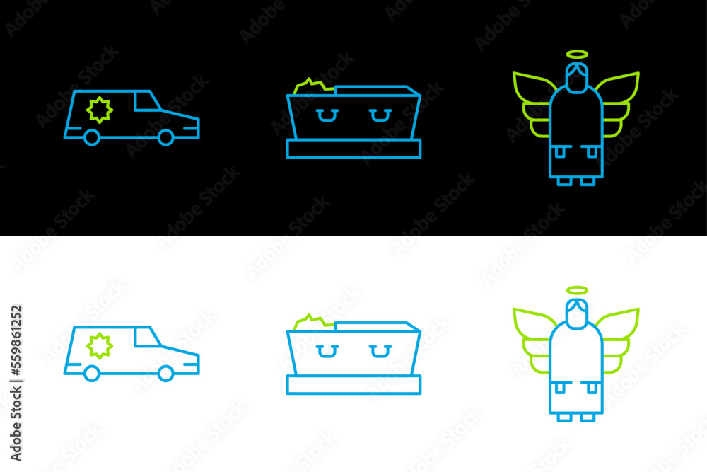 Sticker Set line Christmas angel, Hearse car and Coffin with dead icon. Vector